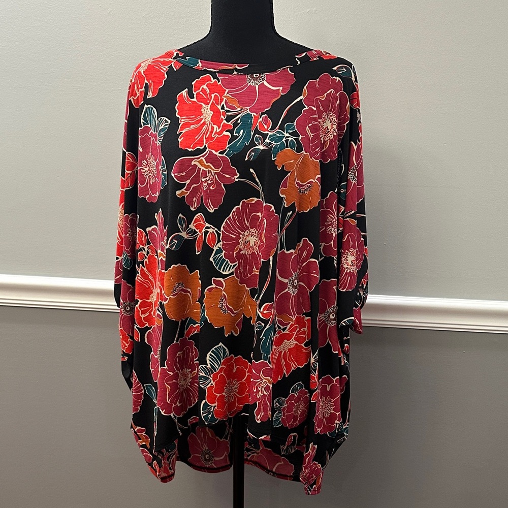 Dear Scarlett Black and Red Floral Dolman Sleeve Blouse